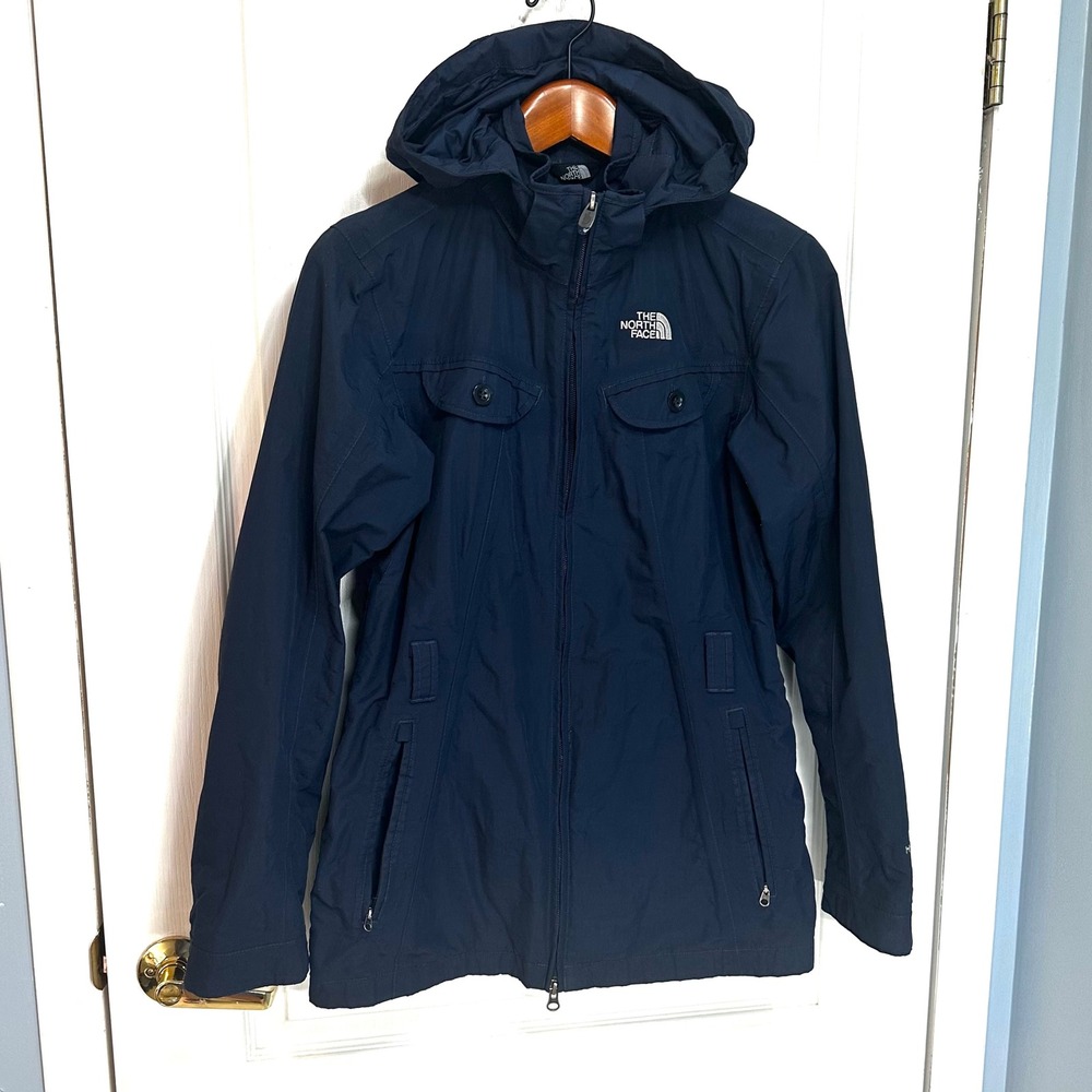 The North Face Womens Navy Blue Hooded Rain Jacket Full Zip Utility Coat Medium